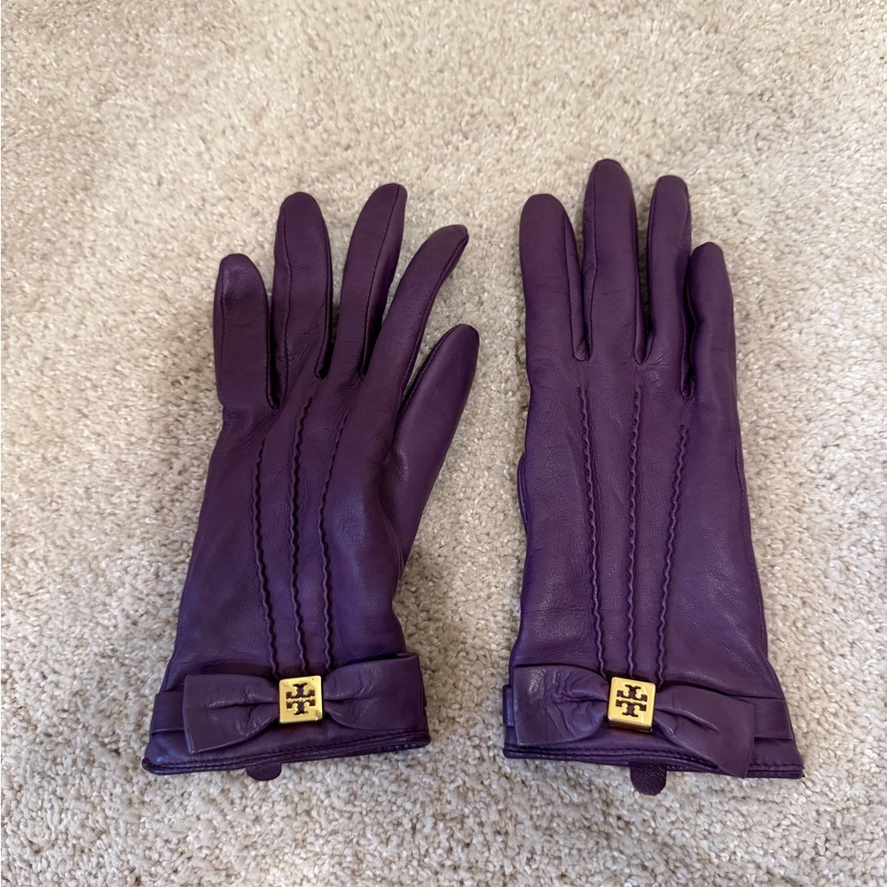 Tory Burch Rich Purple Leather Gloves with Gold Accents
